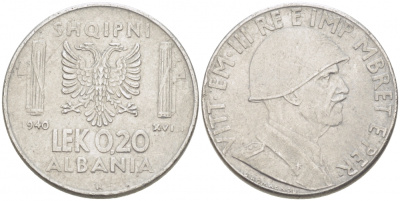 Албания 0,20 лека 1940 R, Итальянская оккупация KM 29 нержавеющая сталь 77-755