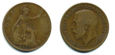 Великобритания 1 пенни 1921 Георг V (1910-1936) KM 810, Spink 4051 бронза 41-443