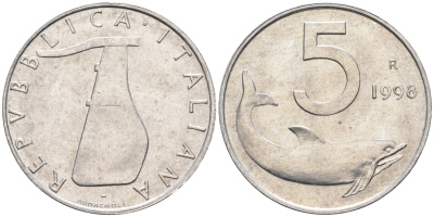 Италия 5 лир 1998 R, дельфин KM 92 алюминий  UNC  4594-813