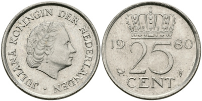 НИДЕРЛАНДЫ 25 ЦЕНТОВ 1980 ЮЛИАНА KM 183 никель 96-258
