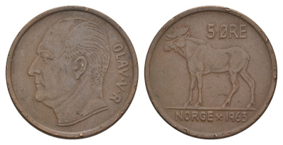 Норвегия 5 эре 1963 Улаф V (1957-1991) KM 405 бронза 4635-557