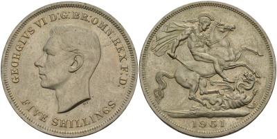 Великобритания 5 шиллингов = 1 крона 1951 Георг VI (1936-1952), фестиваль Британии, Георгий Победоносец, в оригинальной коробке KM 880, Spink 4111 медно-никель Prooflike  2-4-2-39