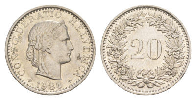 Швейцария 20 раппенов 1980 KM 29a медно-никель 4647-1015
