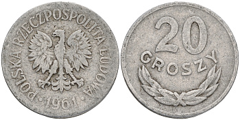 Польша 20 грошей 1961 MW KM А47, Parchimowicz 208b алюминий 4556-326