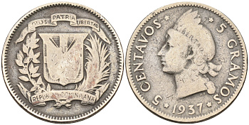 Доминиканская республика 5 сентаво 1937 индеец KM 18 медно-никель    4595-656