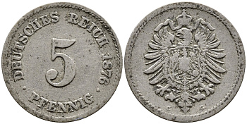 ГЕРМАНИЯ 5 ПФЕННИГОВ 1876 G, СТАРОГЕРБОВКА KM 3, J.3 медно-никель 4387-747