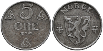 НОРВЕГИЯ 5 ЭРЕ 1941 ХОКОН VII (1905-1957) KM 388 железо 32-1025
