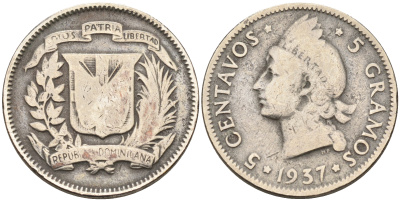 Доминиканская республика 5 сентаво 1937 индеец KM 18 медно-никель    4595-656
