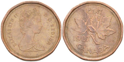 Канада 1 цент 1987 Елизавета II (1952-2022), кленовый лист KM 132 бронза 99-613