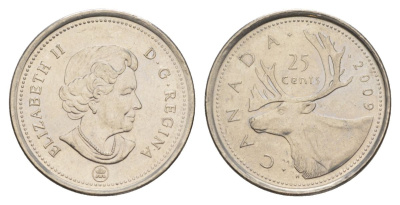 Канада 25 центов 2009 Leaf, Елизавета II (1952-2022), олень KM 2296 сталь плакированная никелем UNC 4631-726