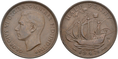 Великобритания 1/2 пенни 1947 Георг VI (1936-1952) KM 844, Spink 4115 бронза 190-756