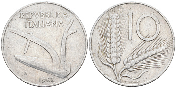 ИТАЛИЯ 10 ЛИР 1967 R, ПЛУГ KM 93 алюминий 4589-642