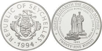 Сейшельские острова 25 рупий 1994 серия королева Елизавета - королева мать, свадьба в 1923 году с графом Йоркским KM 79 серебро PROOF 1095-10-51