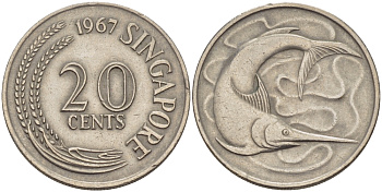 СИНГАПУР 20 ЦЕНТОВ 1967 ГОЛУБОЙ МАРЛИН, ТУНЕЦ KM 4 медно-никель 67-533
