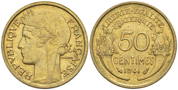 ФРАНЦИЯ 50 САНТИМОВ 1941 ТИП MORLON KM 894.1, LE FRANC 192.18 алюминиевая бронза 44-637