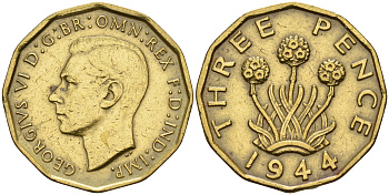 Великобритания 3 пенса 1944 Георг VI (1936-1952) KM 849, Spink 4112 никель латунь 4153-332