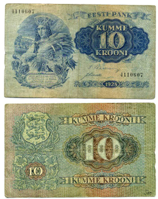 Эстония 10 крон 1928 крестьянка Pick 63 a бумага 8617-9-1-2