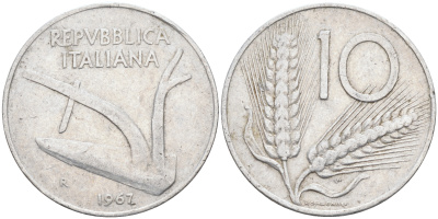ИТАЛИЯ 10 ЛИР 1967 R, ПЛУГ KM 93 алюминий 4589-642
