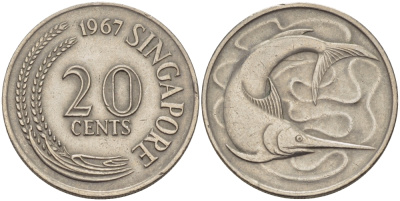 СИНГАПУР 20 ЦЕНТОВ 1967 ГОЛУБОЙ МАРЛИН, ТУНЕЦ KM 4 медно-никель 67-533