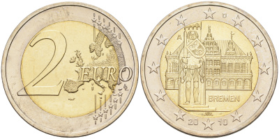 ФРГ 2 евро 2010 А, Бремен, городская ратуша и Роланд, серия Федеральные земли Германии KM 285 биметалл UNC 4592-1157