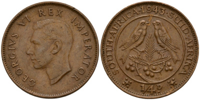 ЮАР 1/4 пенни 1943 Георг VI (1937-1952) KM 23 бронза 4164-635