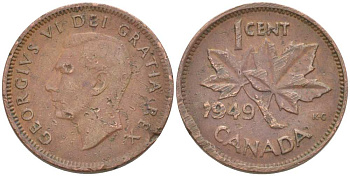 Канада 1 цент 1949 Георг VI (1937-1952), кленовый лист KM 41 бронза 218-828