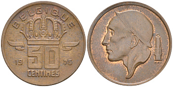 БЕЛЬГИЯ 50 САНТИМОВ 1976 BELGIQUE, БОДУЭН I (1951-1993) KM 148.1 бронза 3955-1136