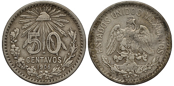 Мексика 50 сентаво 1906 KM 445 серебро  1518-114