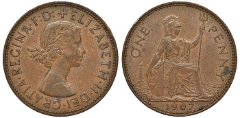 Великобритания 1 пенни 1967 Елизавета II (1952-2022) KM 897, Spink 4157 бронза 4131-232