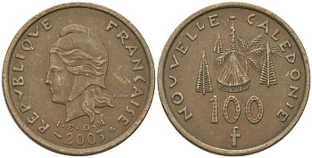 Французская Новая Каледония 100 франков 2002 хижина среди сосен и пальм, (IEOM) KM 15, Schoen 16, Lec 139f никель бронза 109-931