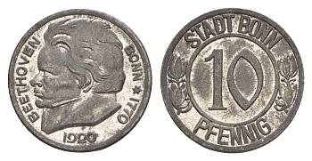 Бонн 10 пфеннигов 1920 Бетховен Funck 51.1A, Men05 3220.1, Men18 4134.1 железо UNC 4643-1037