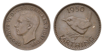 Великобритания 1 фартинг 1950 Георг VI (1936-1952) KM 867, Spink 4119 бронза 4643-956