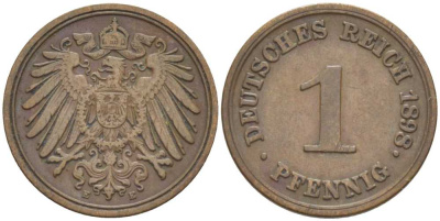 ГЕРМАНИЯ 1 ПФЕННИГ 1898 E KM 10, J. 10, Weege 2 медь 211-227