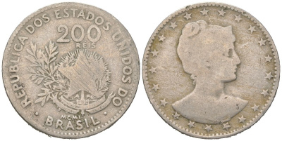 Бразилия 200 реалов 1901 MCMI, голова свободы вправо KM 504 медно-никель 4612-235
