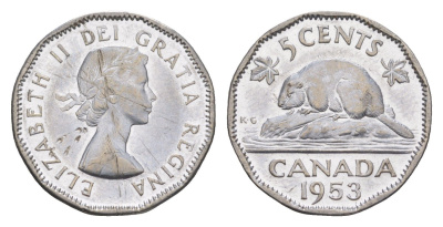 Канада 5 центов 1953 Елизавета II (1952-2022) KM 50 хромированная сталь aUNC 4651-339