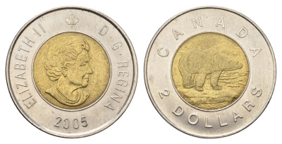 Канада 2 доллара 2005 Елизавета II (1952-2022), полярный медведь KM 496 биметалл aUNC 106-1141
