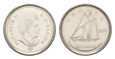 Канада 10 центов 2010 Leaf, Елизавета II (1952-2022), парусник KM 492 сталь плакированная никелем aUNC 4647-1025