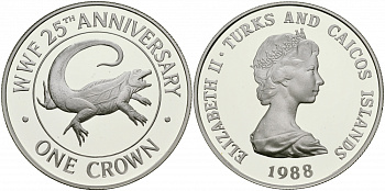 Теркс и Кайкос 1 крона 1988 серия 25 лет защиты окружающей среды, игуана КМ 64 a серебро PROOF 02-226-44