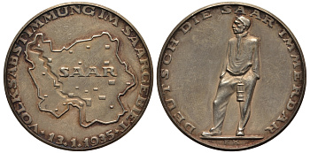 Германия медаль 1935 референдум в Саарленде, в родной коробочке, 21,7 гр, 36 мм серебро 3-4-2-28