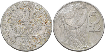 Польша 5 злотых 1960 рыбак KM 47 алюминий 4111-225