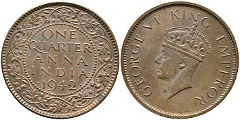 Британская Индия 1/4 анна 1942 Георг VI (1937-1952) KM 531 бронза aUNC 3334-441