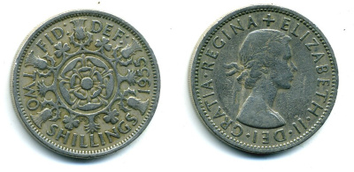 Великобритания 2 шиллинга (флорин) 1955 Елизавета II (1952-2022) KM 906, Spink 4146 медно-никель 540-533