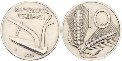 Италия 10 лир 1981 R, плуг KM 93 алюминий 4595-347