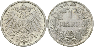 Германия 1 марка 1905 A Weege 18, J. 17, KM 14 серебро aUNC 65-156