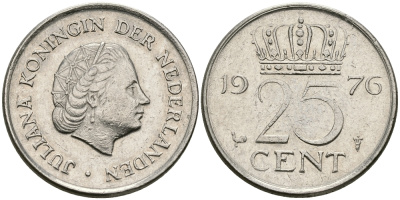 НИДЕРЛАНДЫ 25 ЦЕНТОВ 1976 ЮЛИАНА KM 183 никель 96-244