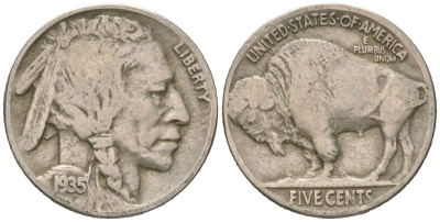 США 5 центов 1935 индеец, бизон KM 134 медно-никель 4614-1166