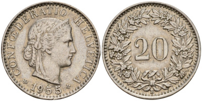 Швейцария 20 раппенов 1955 B KM 29a медно-никель 4187-543