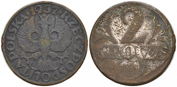 ПОЛЬША 2 ГРОША 1937 KM 9а бронза 44-149