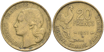 ФРАНЦИЯ 20 ФРАНКОВ 1951 B, ПЕТУХ, 4 ПЕРА KM 917.2, LE FRANC 402.8 алюминиевая бронза 4589-716