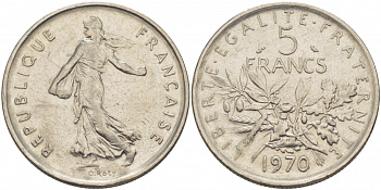 ФРАНЦИЯ 5 ФРАНКОВ 1970 СЕЯТЕЛЬ KM 926a.1, LE FRANC 341.2 медно-никель плакированный никелем 4403-234